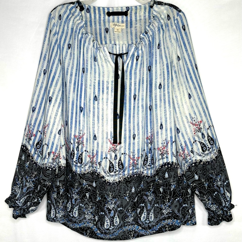 Style‎ & Co. Blue Stripe Paisley BlouseTie Neck Pullover Lightweight Boho Sz 1X